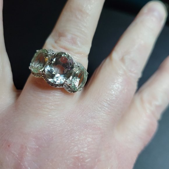 JTV- PRASIOLITE WITH WHITE ZIRCON SILVER 3-STONE RING - Picture 6 of 8